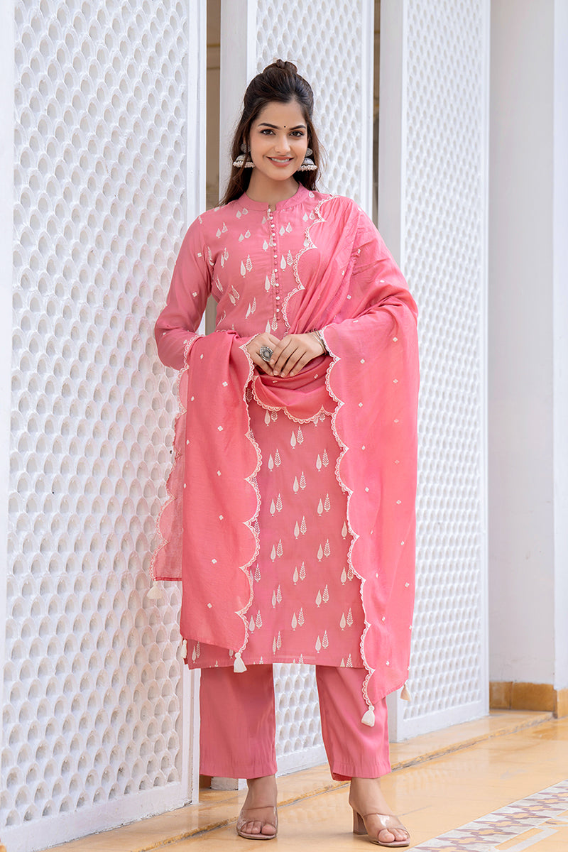 pink silk blend solid embroidered straight suit set with trouser bottom