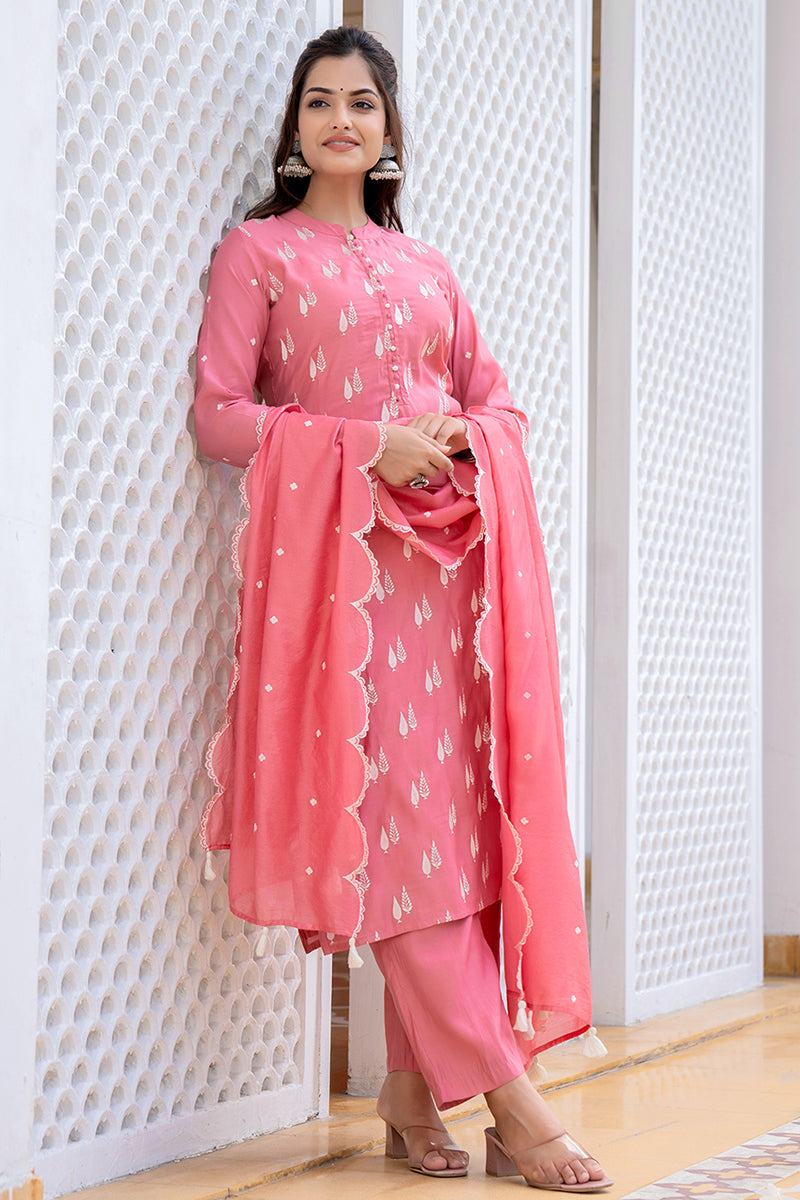pink silk blend solid embroidered straight suit set with trouser bottom