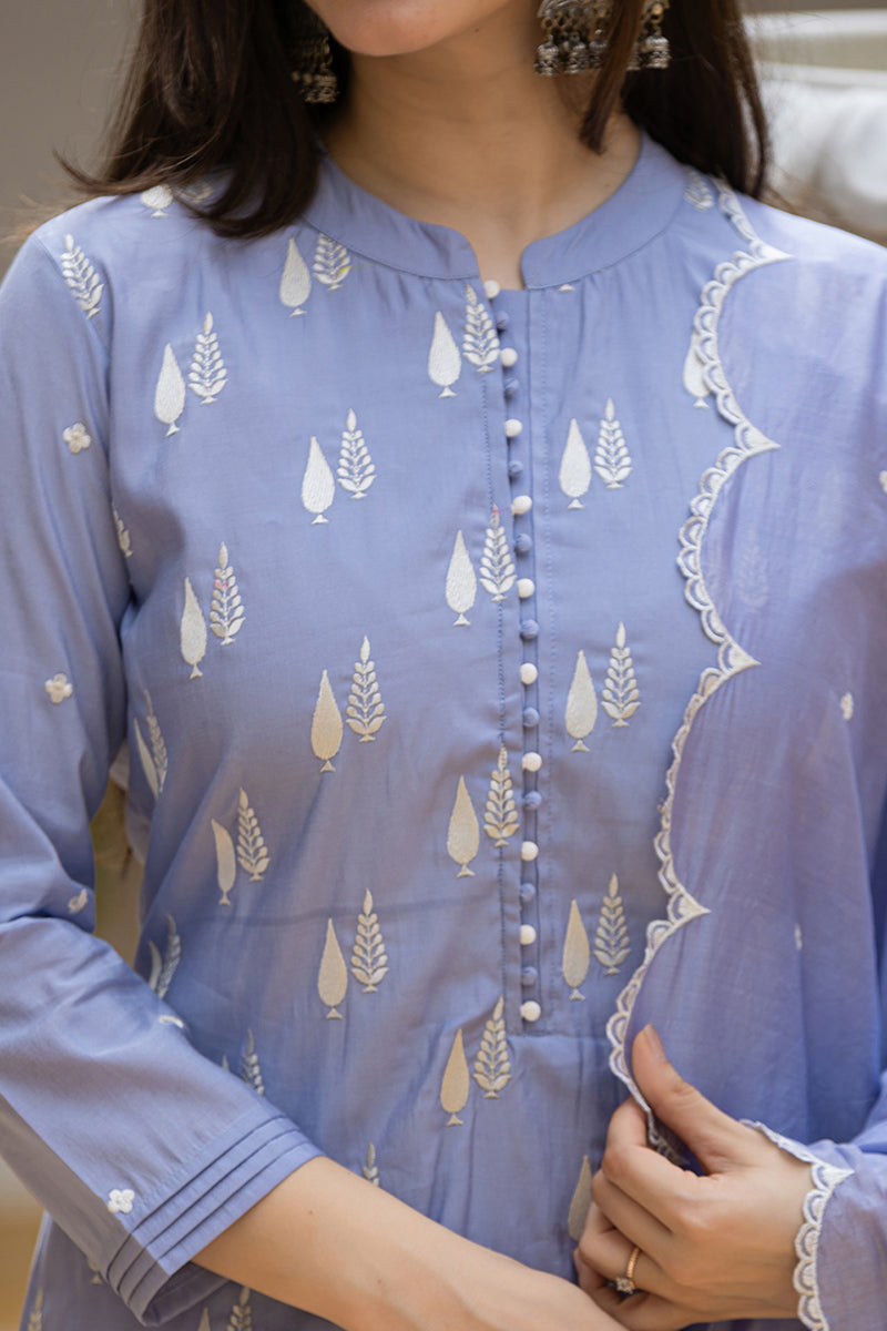 blue silk blend solid embroidered straight suit set with trouser bottom pkskd2688