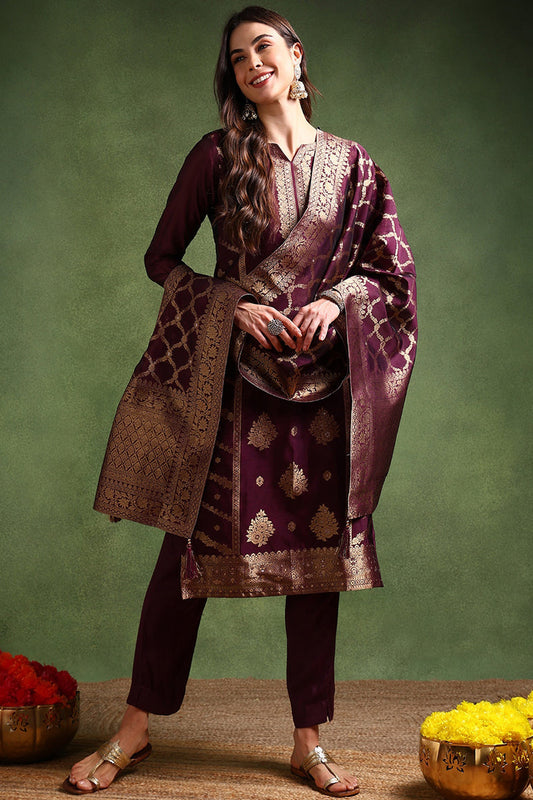 dark wine chanderi silk woven design straight trouser suit set pkskd2694