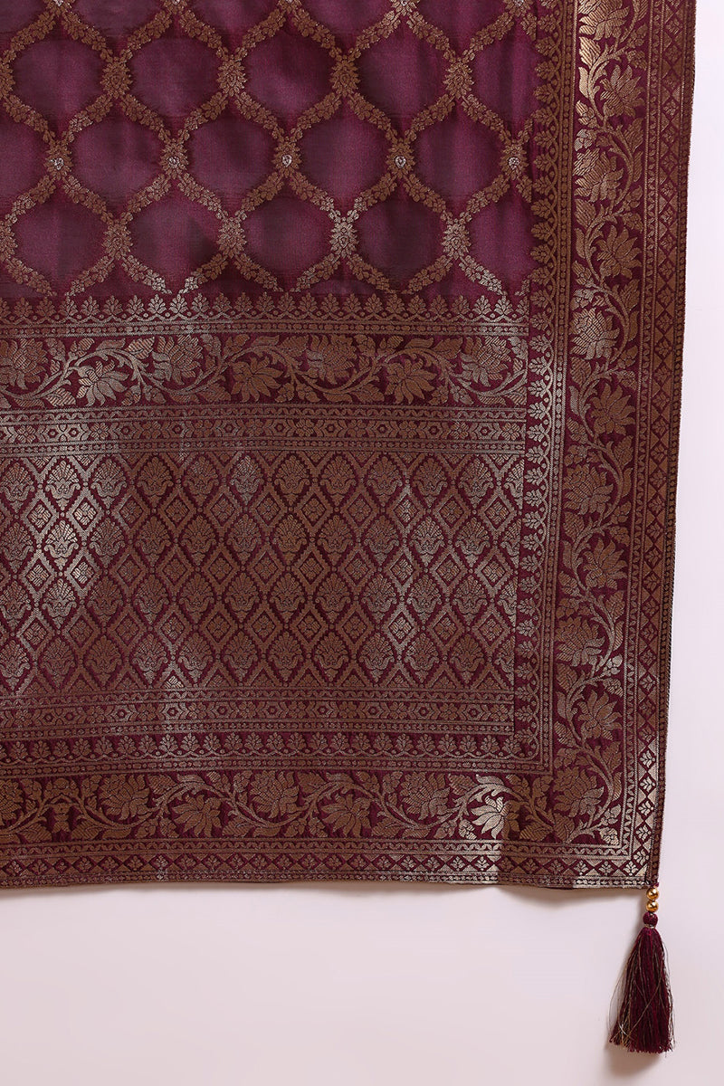 dark wine chanderi silk woven design straight trouser suit set pkskd2694