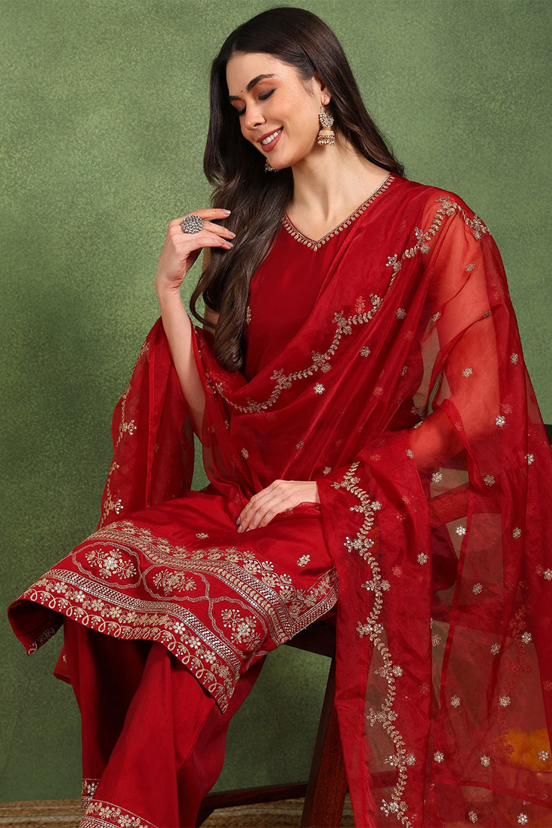 maroon silk blend solid embroidered straight palazzo suit set pkskd2727