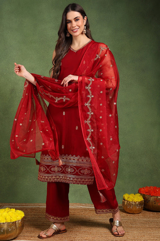 maroon silk blend solid embroidered straight palazzo suit set pkskd2727