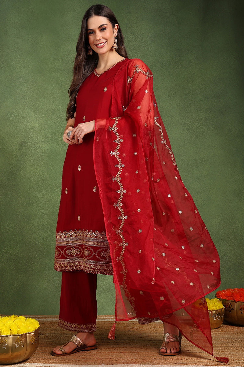 maroon silk blend solid embroidered straight palazzo suit set pkskd2727