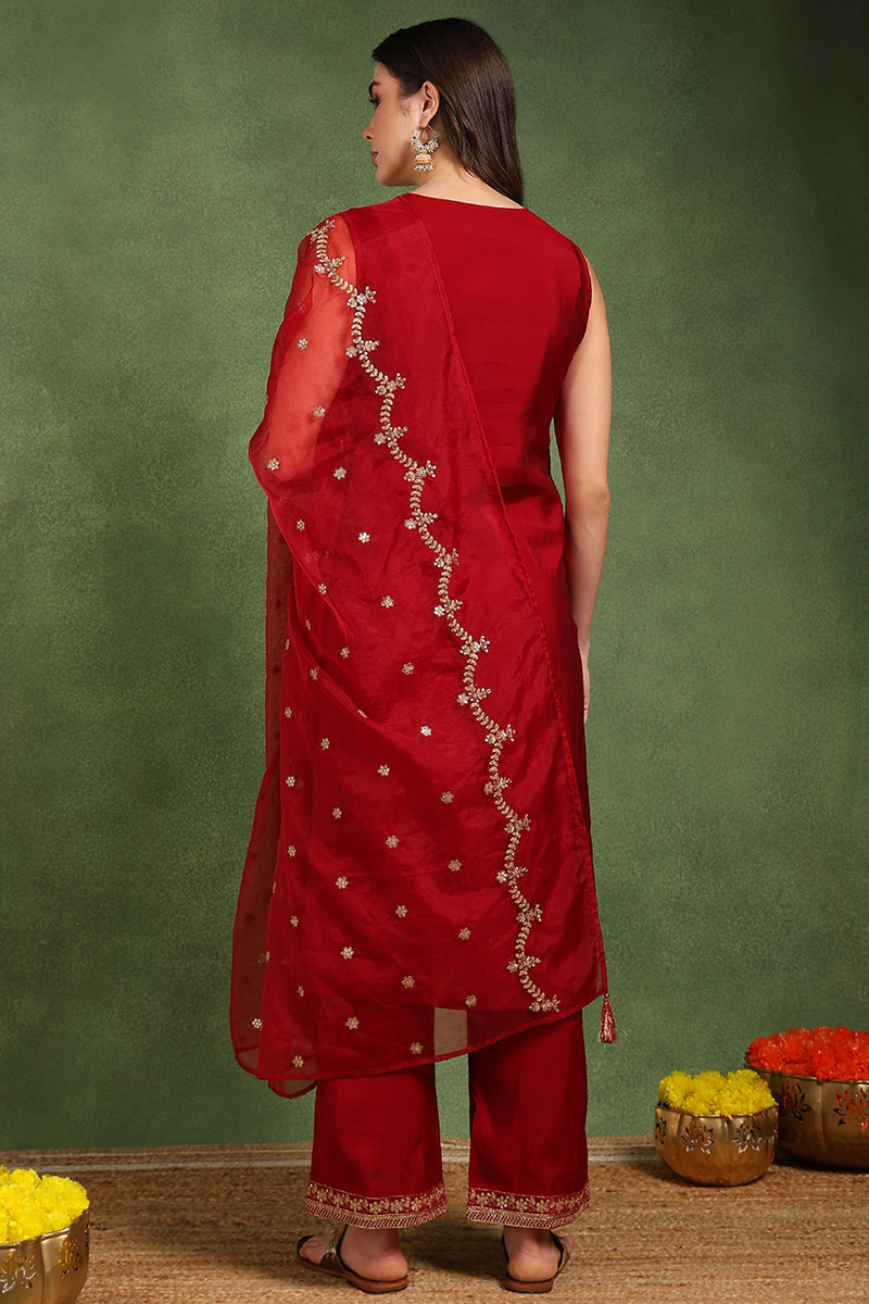 maroon silk blend solid embroidered straight palazzo suit set pkskd2727