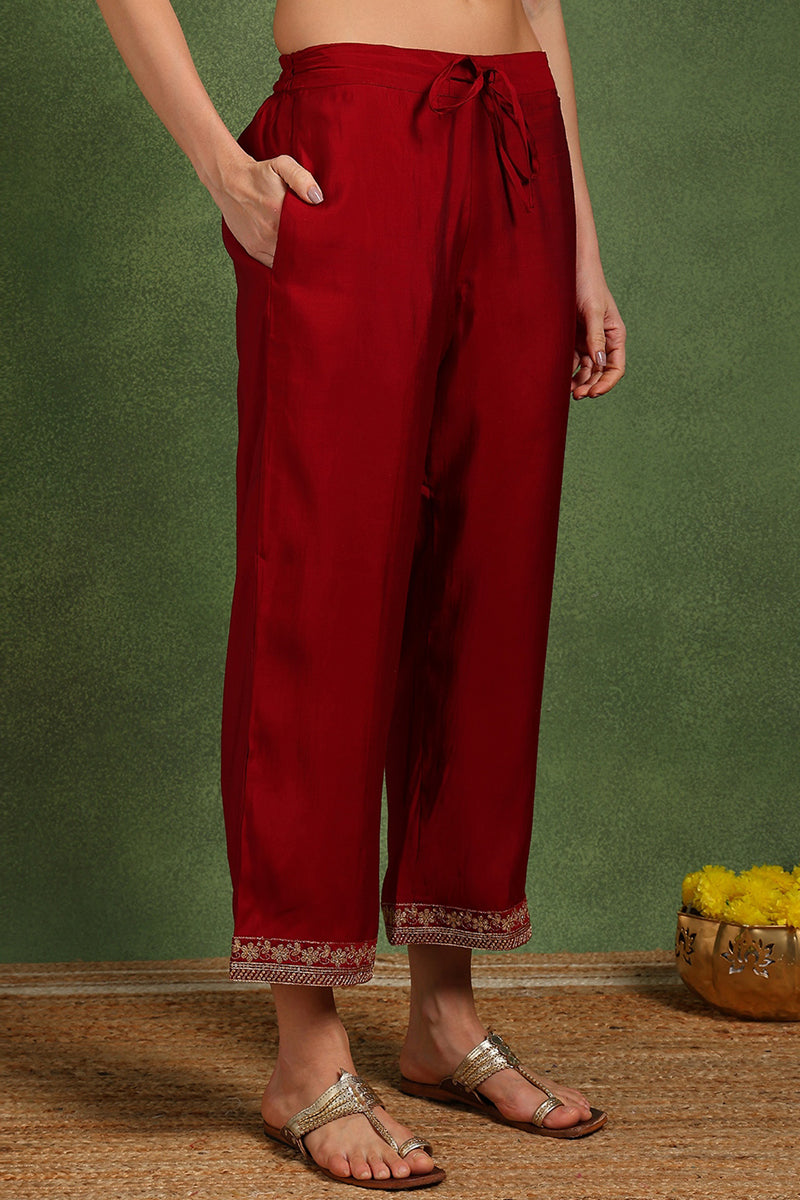 maroon silk blend solid embroidered straight palazzo suit set pkskd2727
