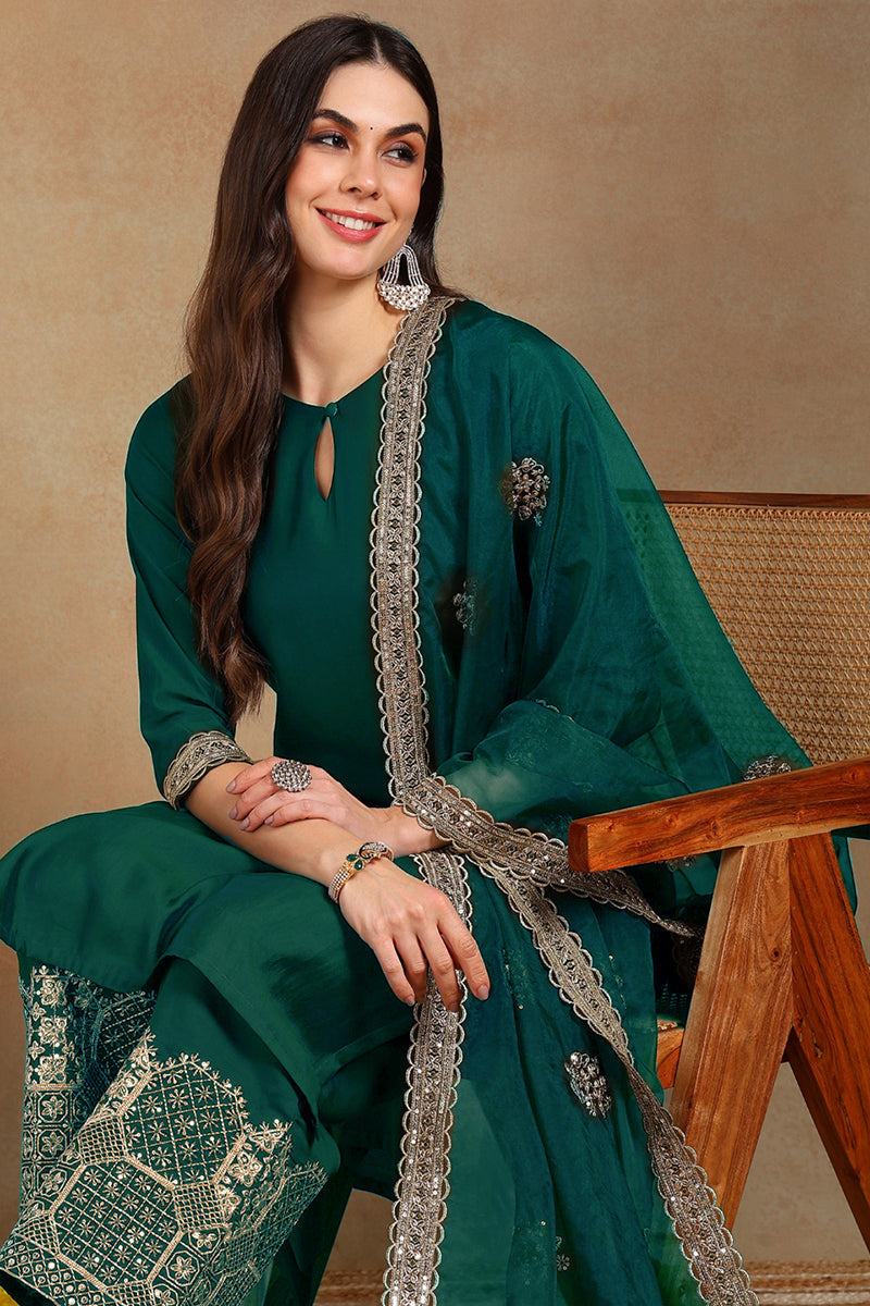 teal green silk blend solid straight festive palazzo suit set pkskd2743