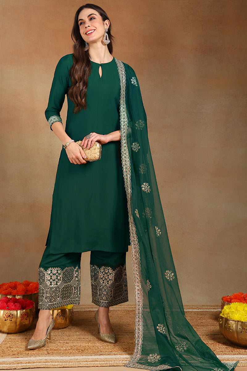 teal green silk blend solid straight festive palazzo suit set pkskd2743