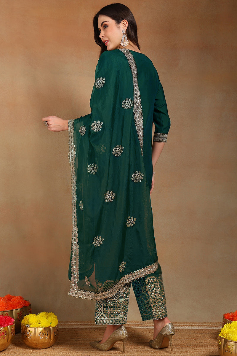 teal green silk blend solid straight festive palazzo suit set pkskd2743