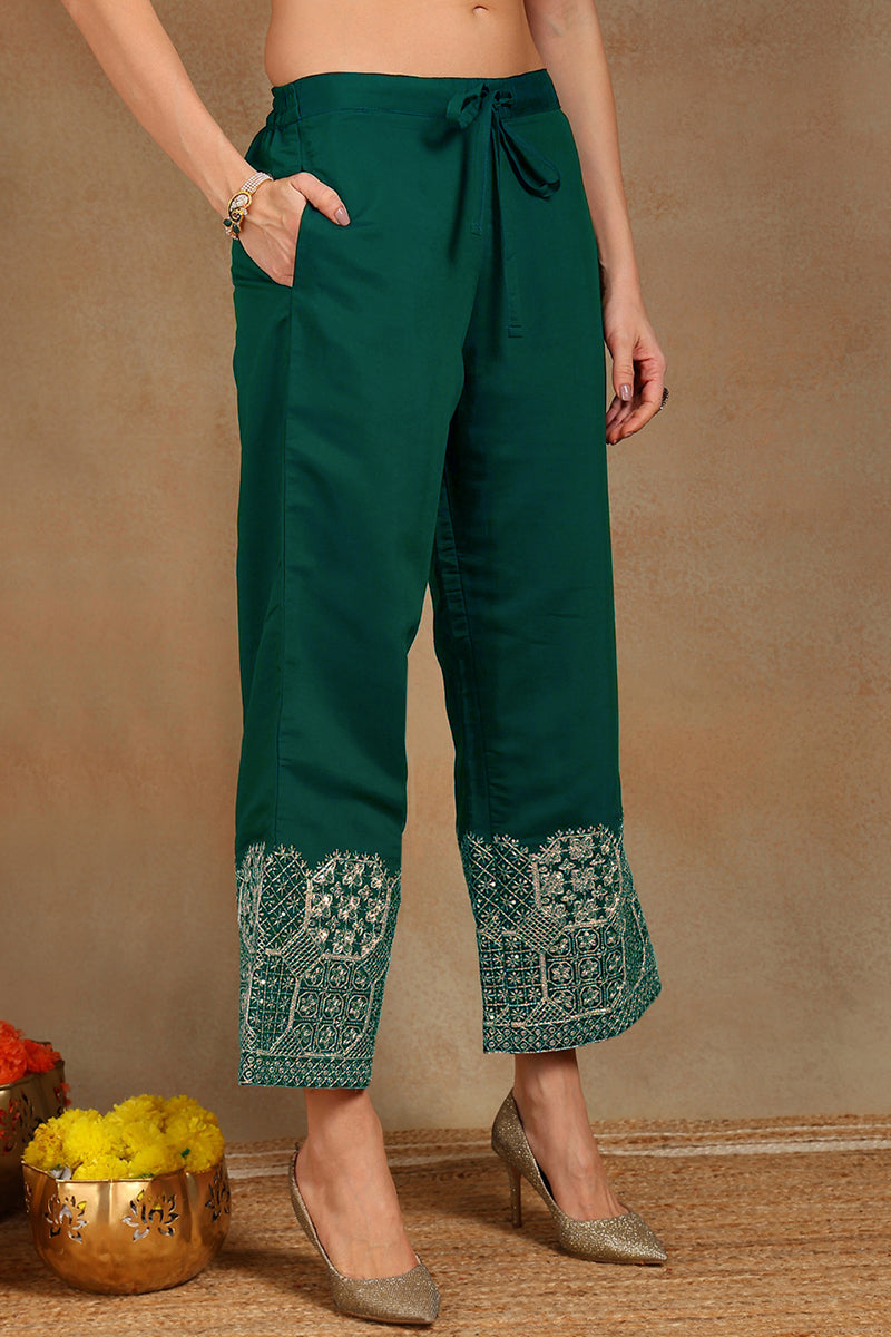 teal green silk blend solid straight festive palazzo suit set pkskd2743
