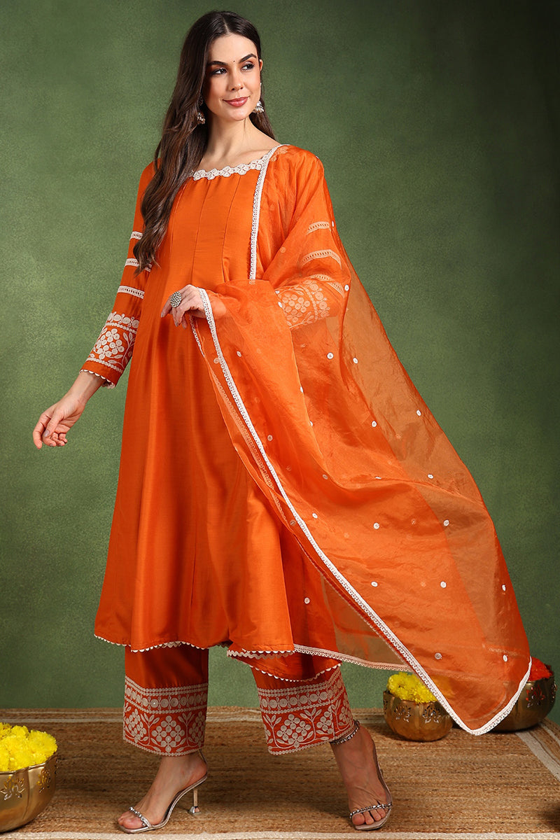 orange silk blend solid embroidered anarkali suit set pkskd2760