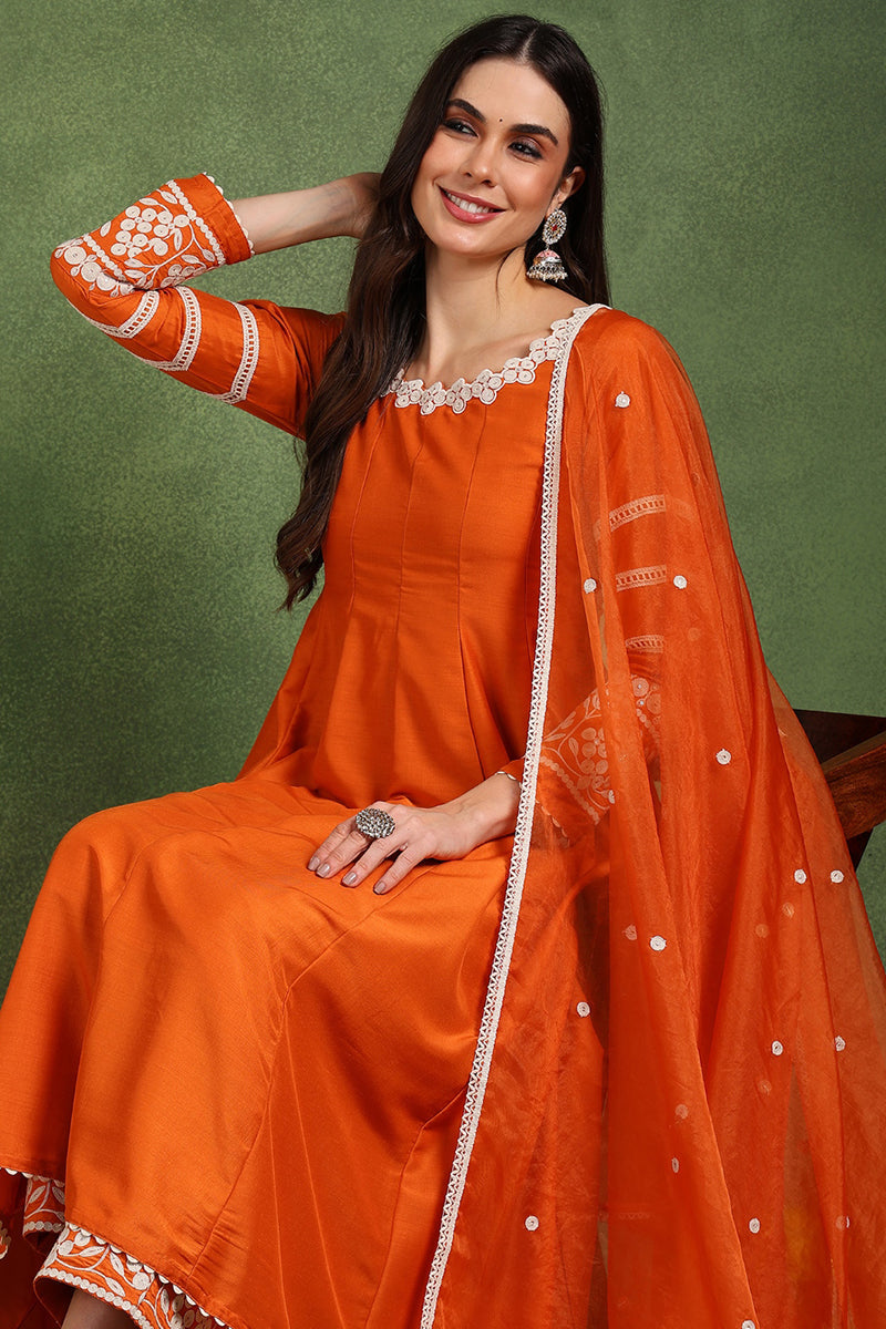 orange silk blend solid embroidered anarkali suit set pkskd2760
