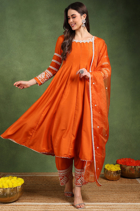 orange silk blend solid embroidered anarkali suit set pkskd2760