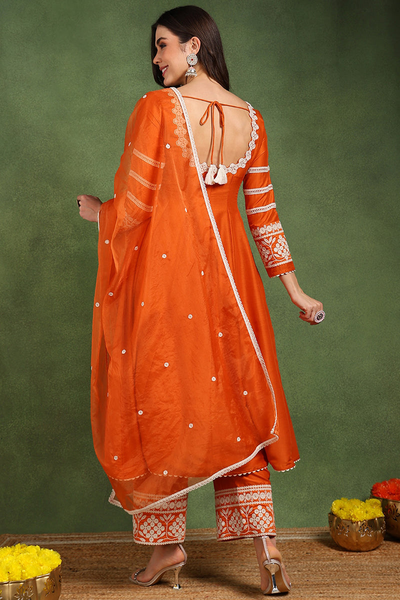 orange silk blend solid embroidered anarkali suit set pkskd2760