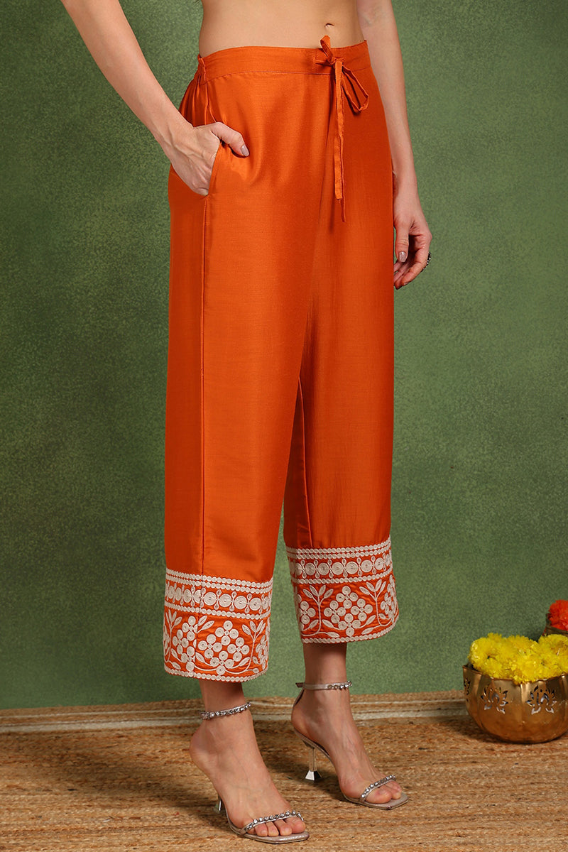 orange silk blend solid embroidered anarkali suit set pkskd2760