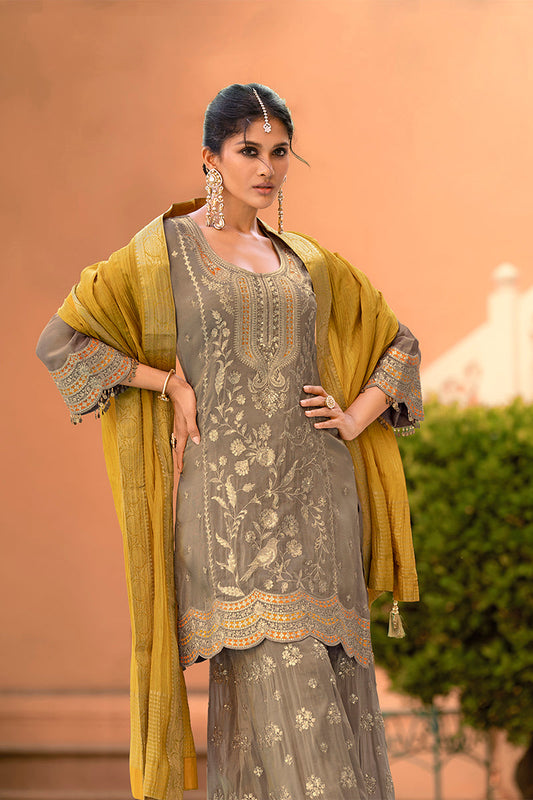 beige viscose shimmer embroidered straight kurta sharara with dupatta