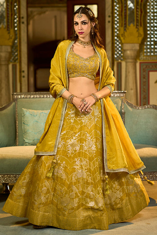 mustard silk blend embroidered flared lehenga choli with dupatta 