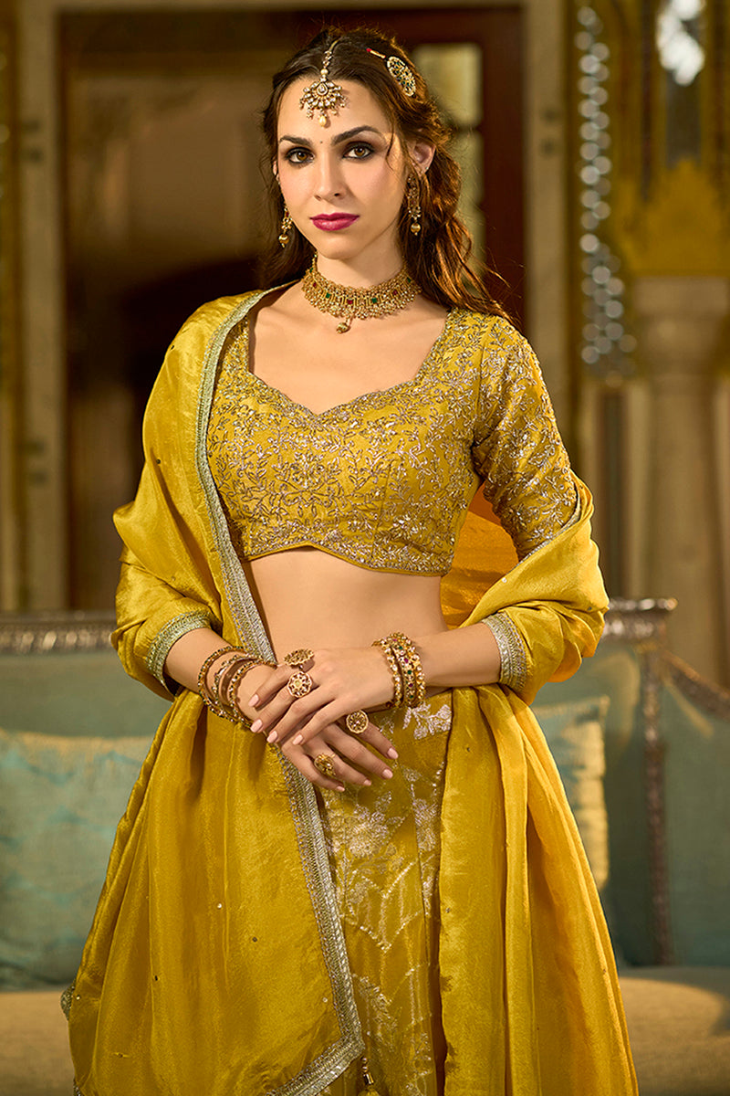 mustard silk blend embroidered flared lehenga choli with dupatta 