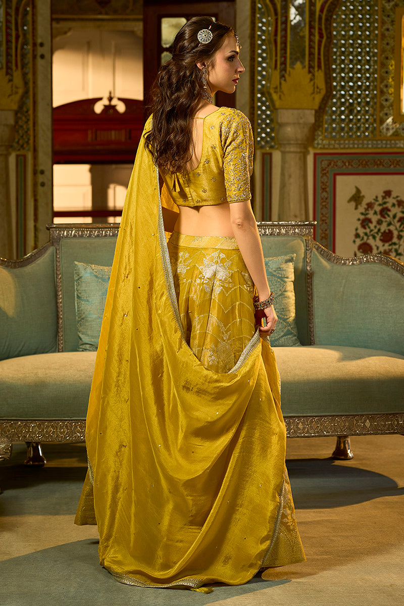 mustard silk blend embroidered flared lehenga choli with dupatta 