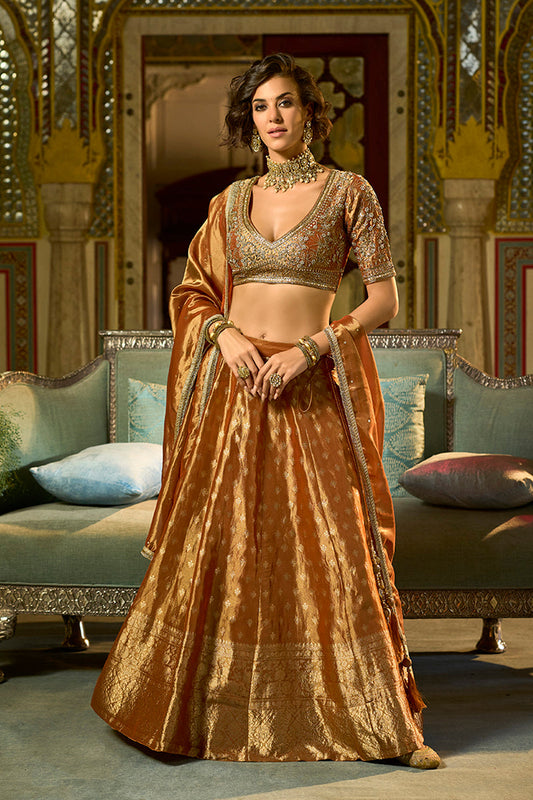orange silk blend embroidered flared lehenga choli with dupatta 