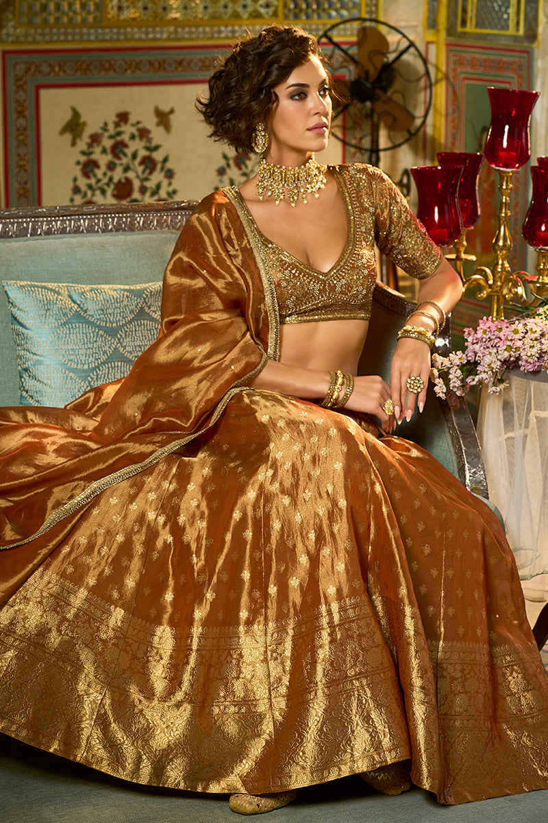 orange silk blend embroidered flared lehenga choli with dupatta 