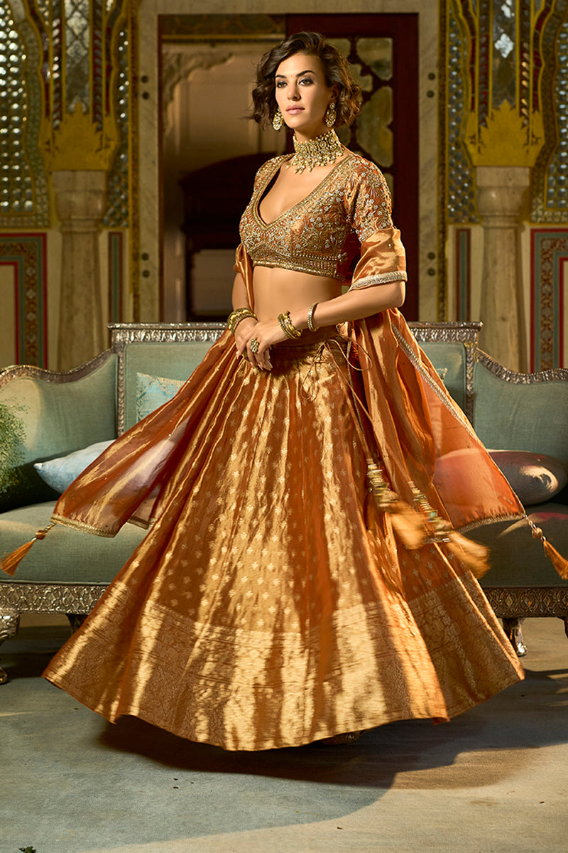 orange silk blend embroidered flared lehenga choli with dupatta 