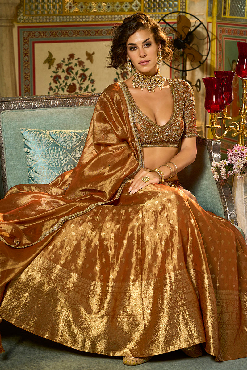 orange silk blend embroidered flared lehenga choli with dupatta 