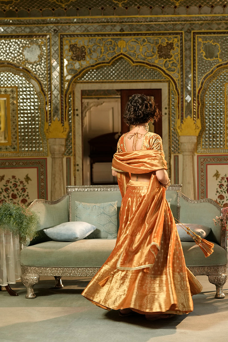 orange silk blend embroidered flared lehenga choli with dupatta 