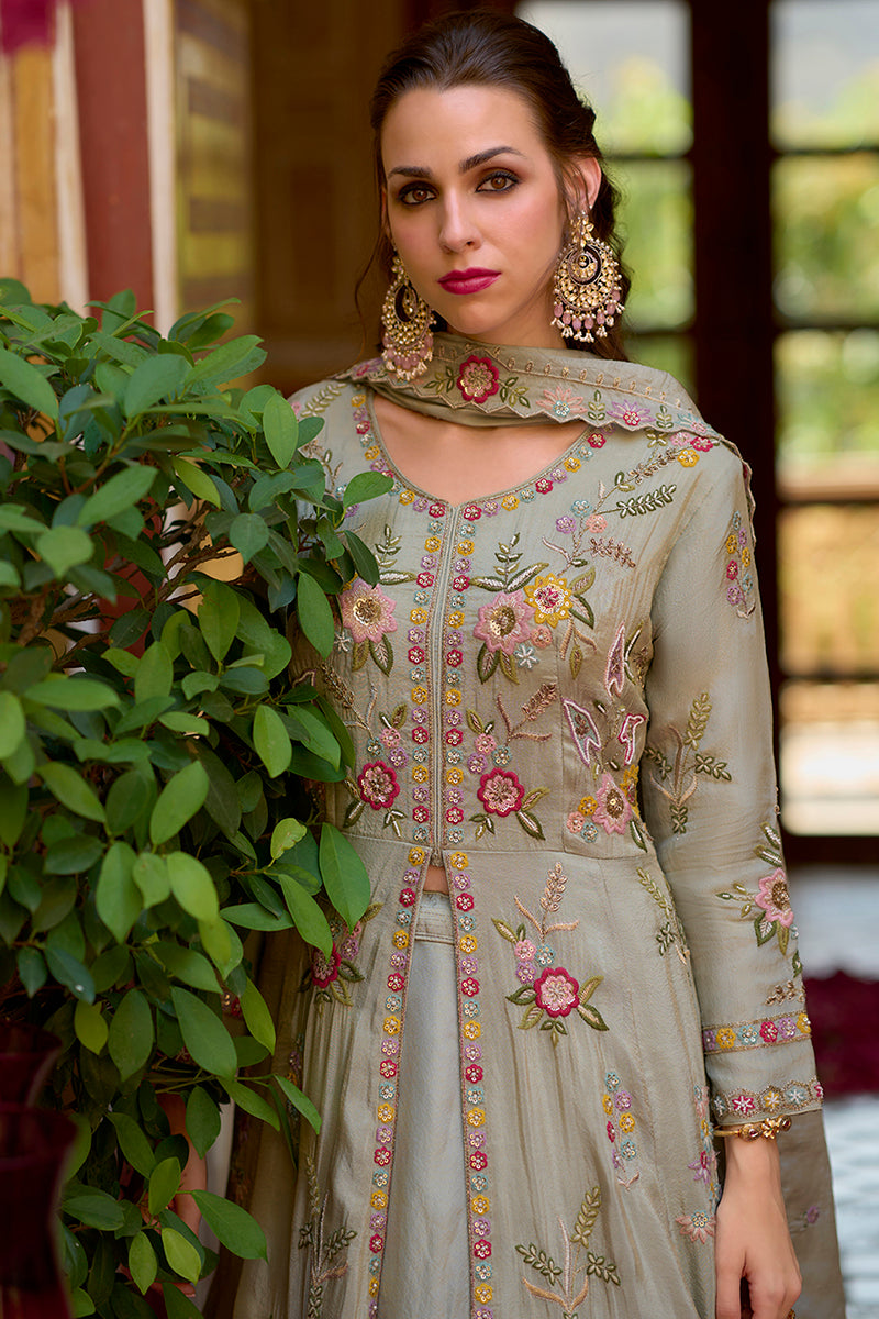 grey silk blend embroidered anarkali kurta skirt with dupatta 