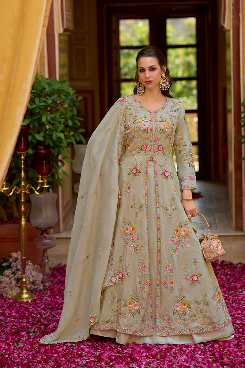 grey silk blend embroidered anarkali kurta skirt with dupatta 