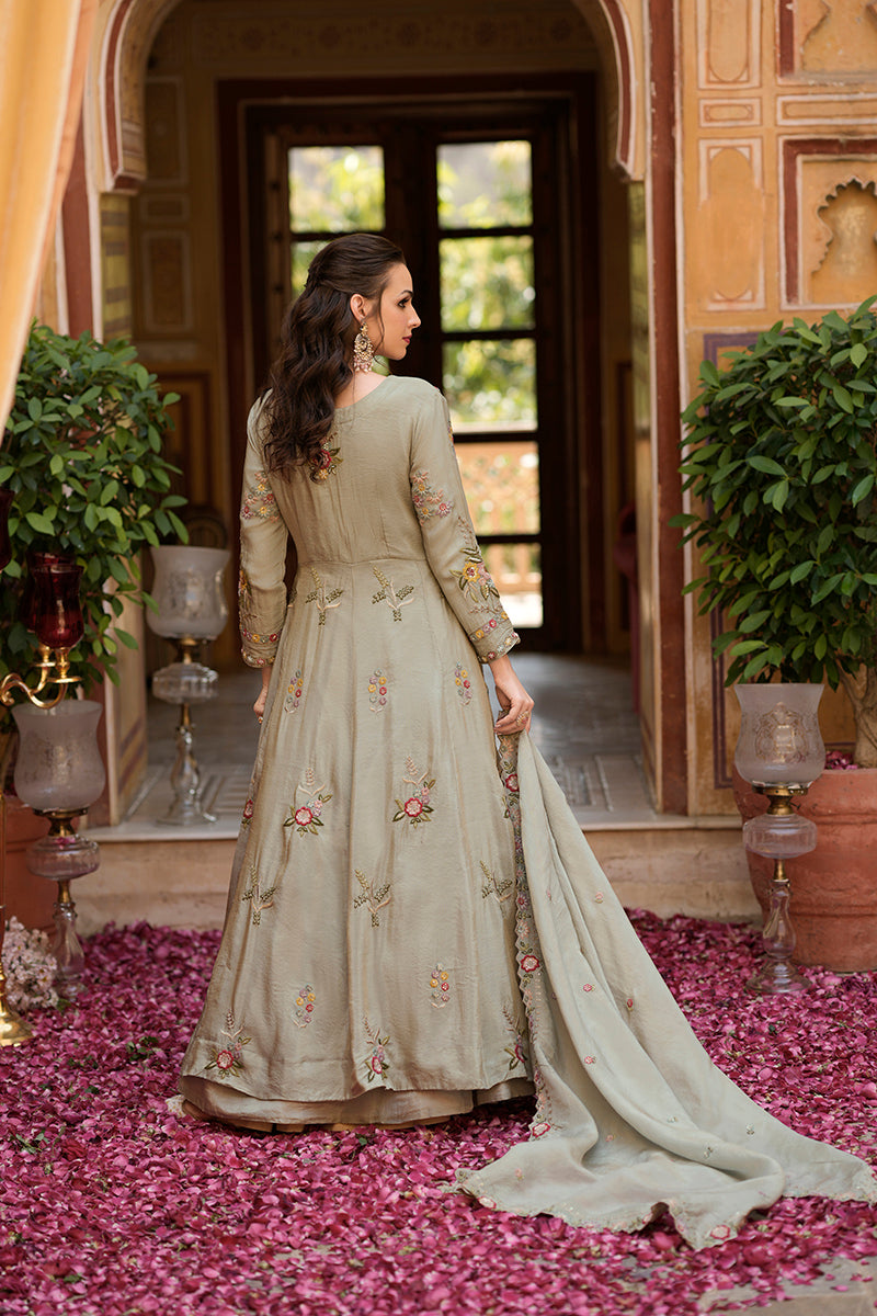 grey silk blend embroidered anarkali kurta skirt with dupatta 