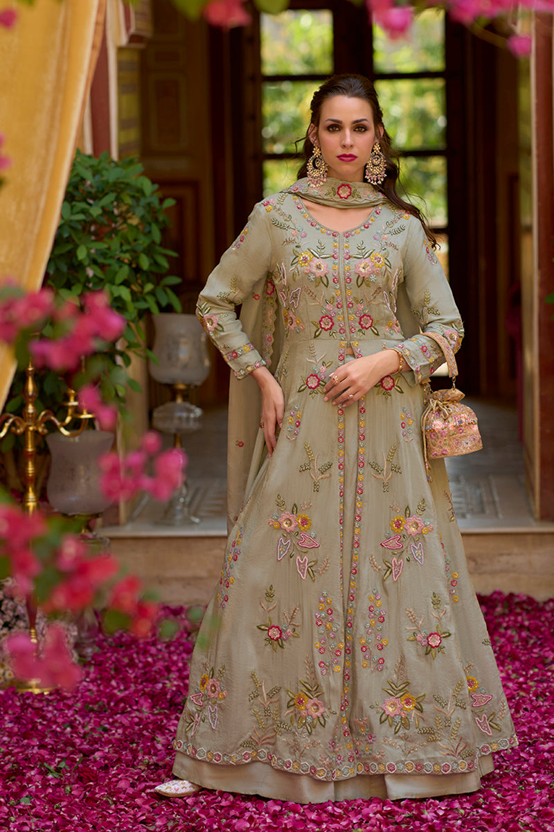 grey silk blend embroidered anarkali kurta skirt with dupatta 
