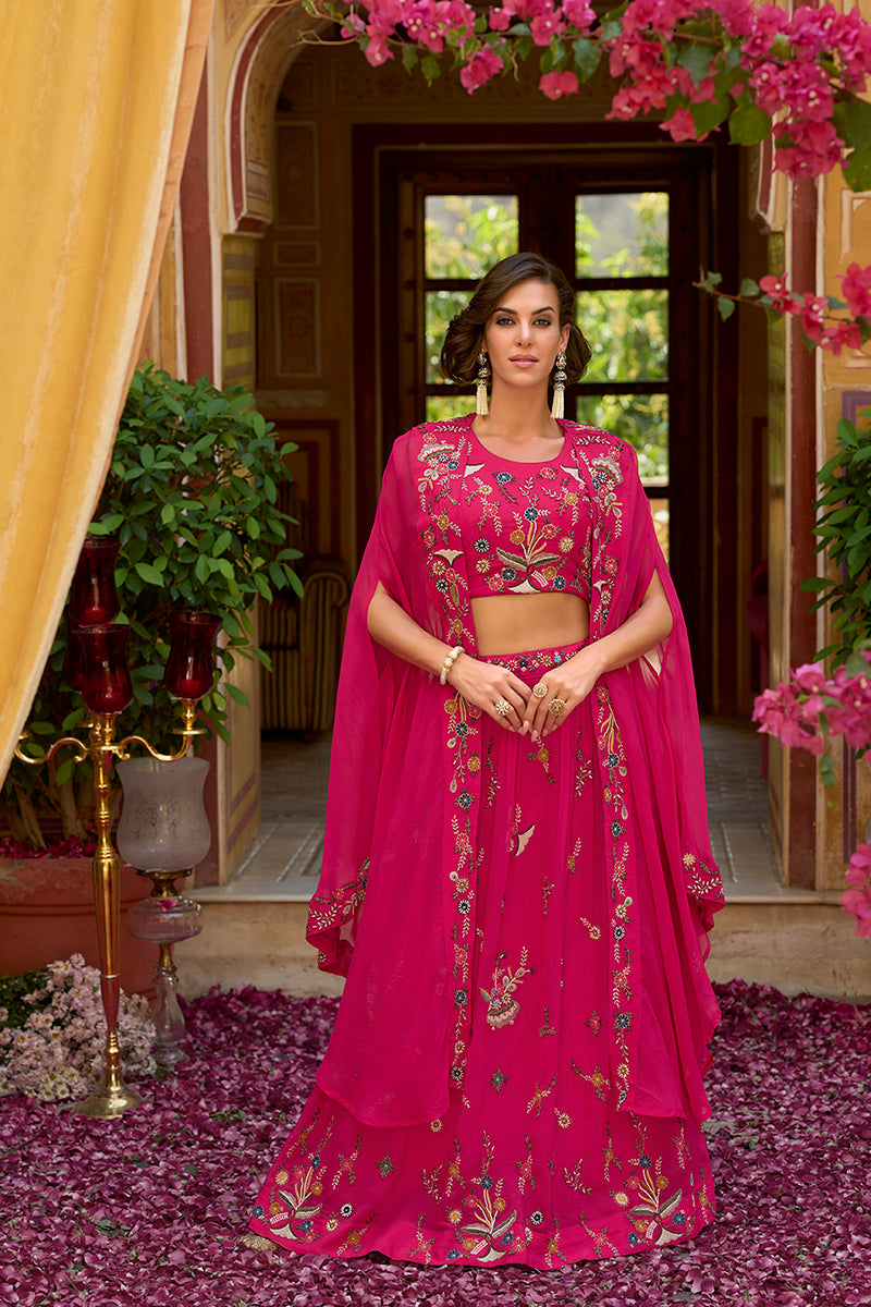 pink silk blend embroidered straighit top skirt with shrug pkskd2867