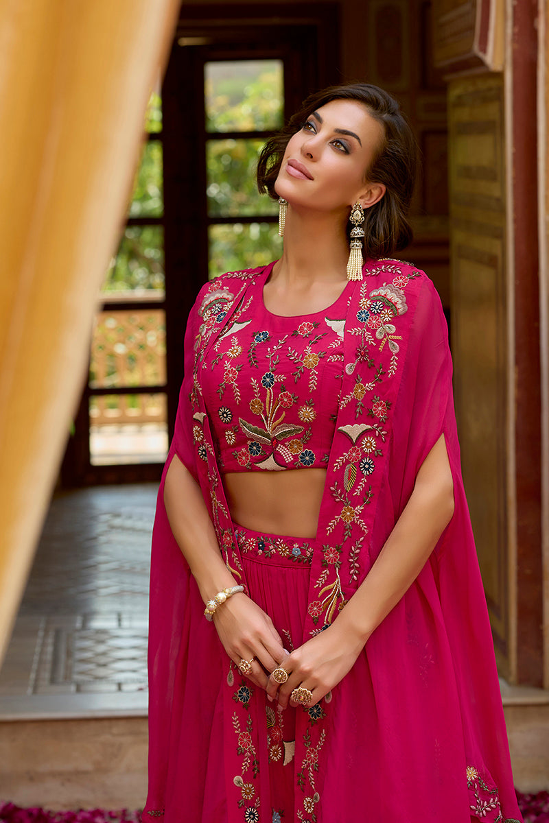 pink silk blend embroidered straighit top skirt with shrug pkskd2867