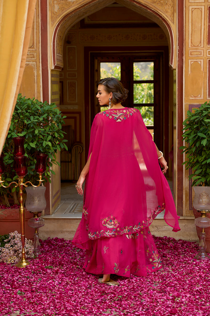 pink silk blend embroidered straighit top skirt with shrug pkskd2867