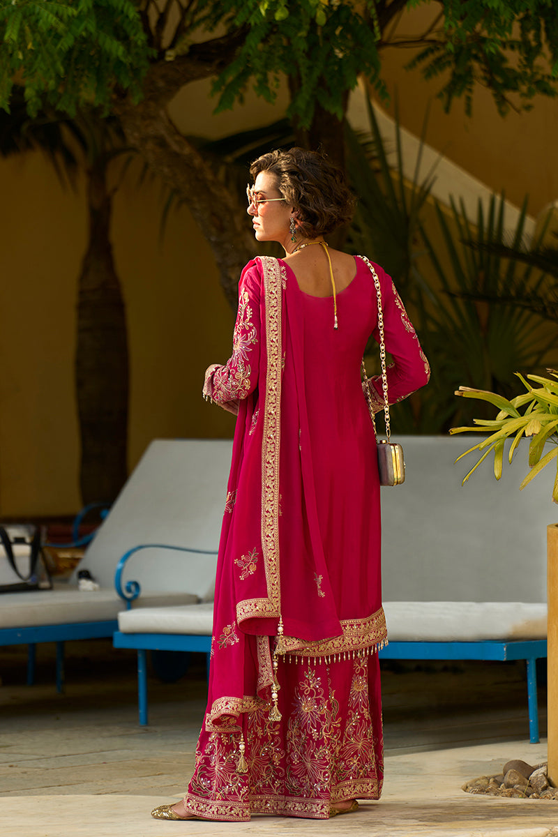 pink chinon chiffon embroidered straight kurta sharara with dupatta 