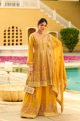 yellow chinon chiffon embroidered anarkali kurta sharara with dupatta 