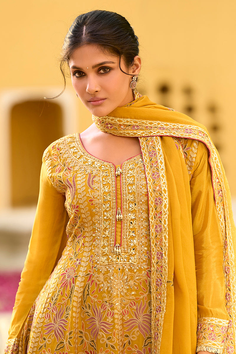 yellow chinon chiffon embroidered anarkali kurta sharara with dupatta 