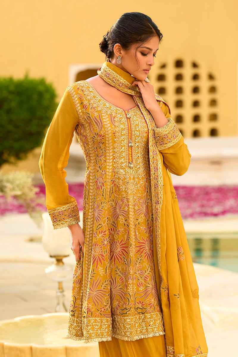 yellow chinon chiffon embroidered anarkali kurta sharara with dupatta 