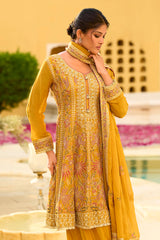 yellow chinon chiffon embroidered anarkali kurta sharara with dupatta 