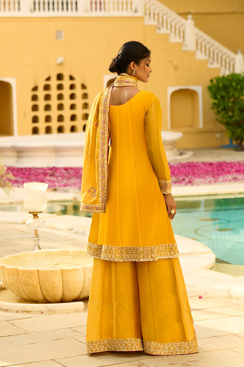 yellow chinon chiffon embroidered anarkali kurta sharara with dupatta 