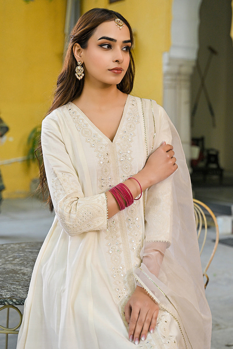 off white silk blend solid embroidered a line kurta trousers with dupatta