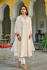 off white silk blend solid embroidered a line kurta trousers with dupatta