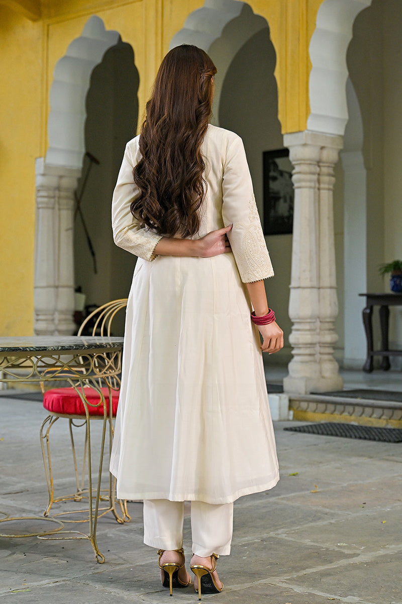 off white silk blend solid embroidered a line kurta trousers with dupatta