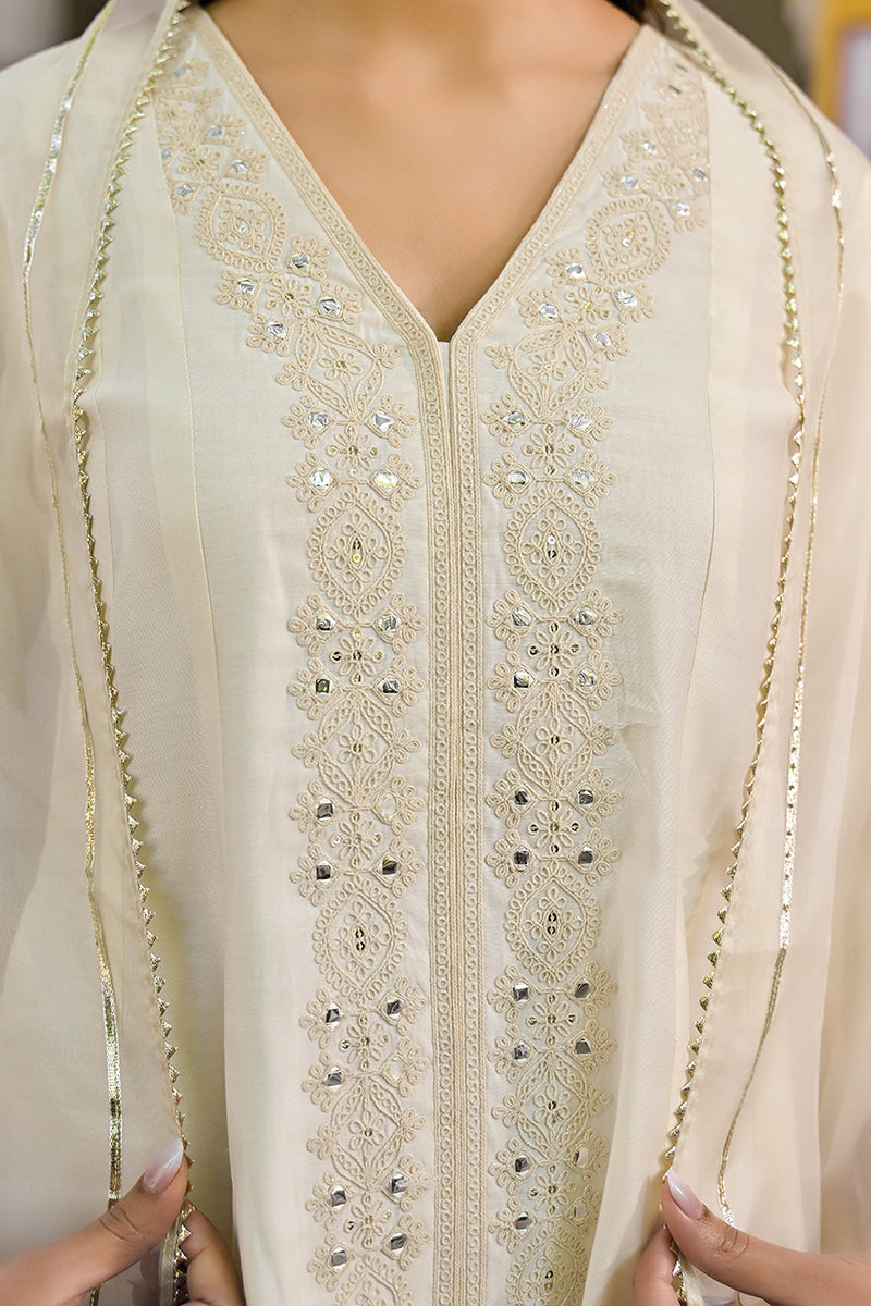 off white silk blend solid embroidered a line kurta trousers with dupatta