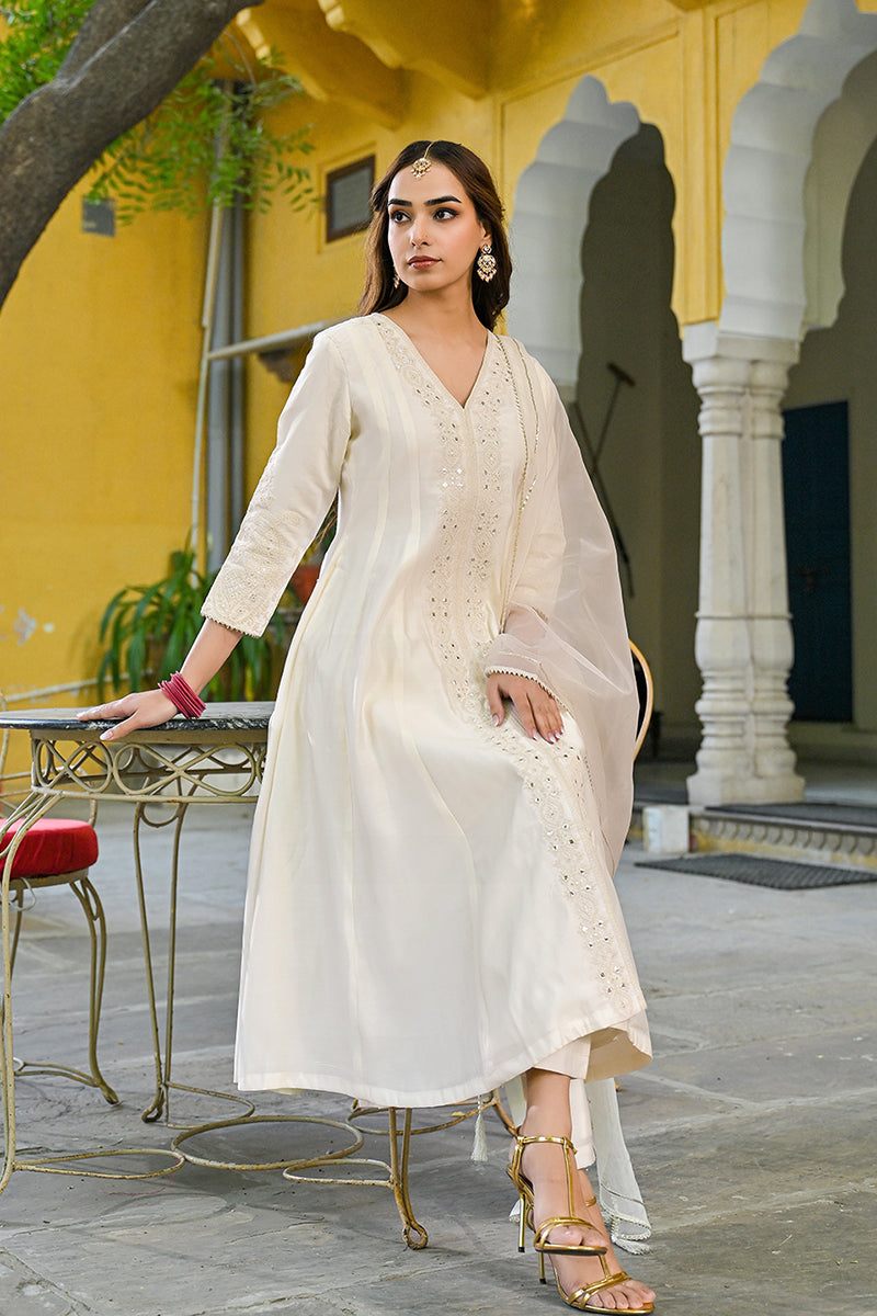 off white silk blend solid embroidered a line kurta trousers with dupatta