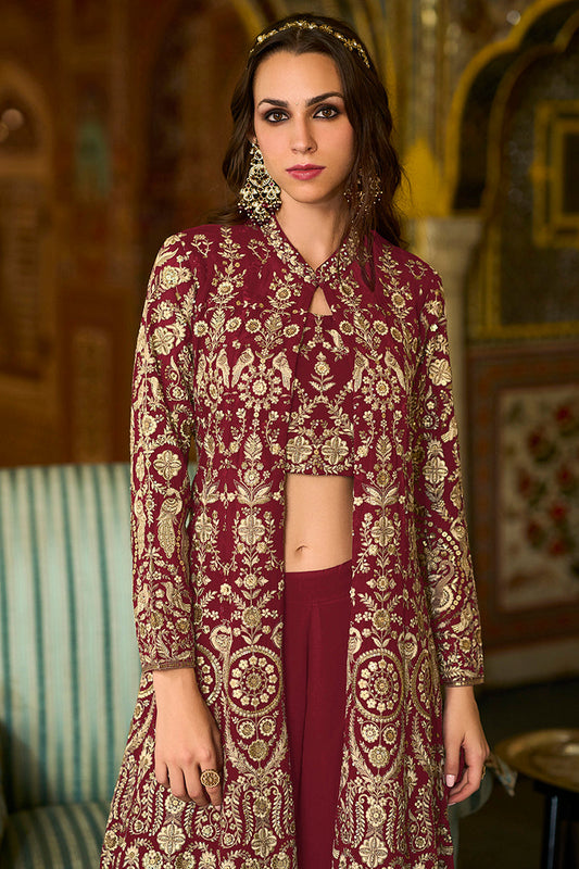 maroon georgette embroidered straighit top sharara with shrug pkskd2941