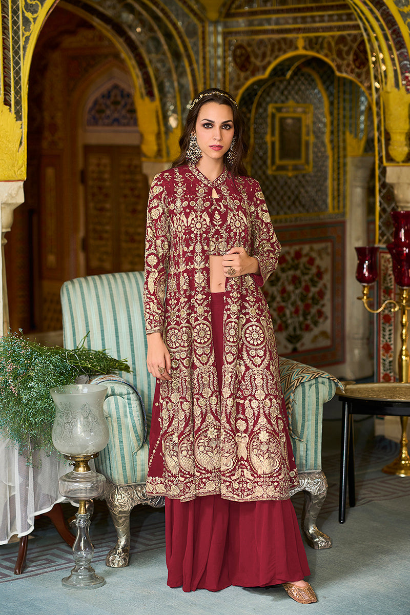 maroon georgette embroidered straighit top sharara with shrug pkskd2941