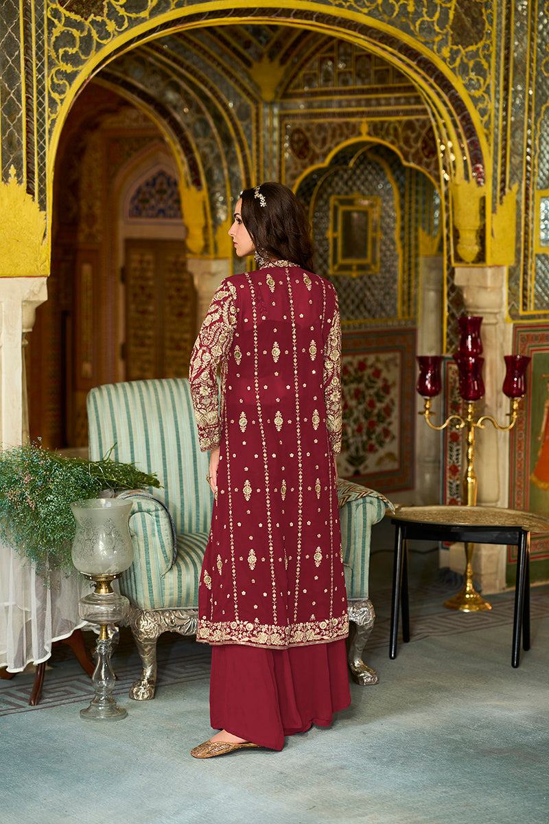 maroon georgette embroidered straighit top sharara with shrug pkskd2941