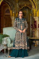 teal poly georgette embroidered straighit top sharara with shrug 